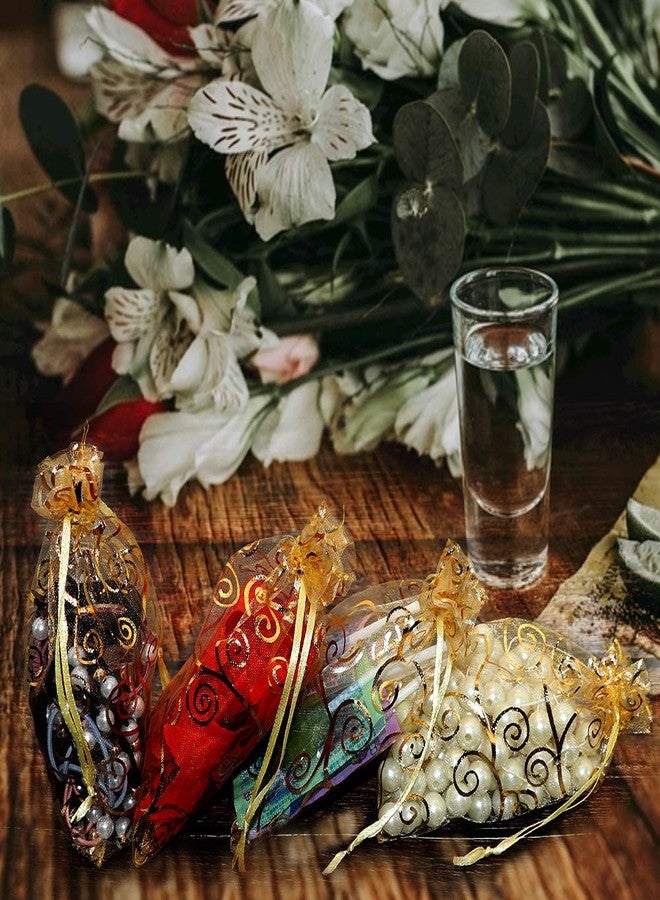 Staruby Organza Gift Bags 100Pcs Gold Sheer Organza Bag 4x6 Inch Mesh Favor Bags Drawstring Jewelry Rattan Printed Gift Pouches for Wedding Party Favors Couple Shower Christmas Gifts Candy Bags - Image 5